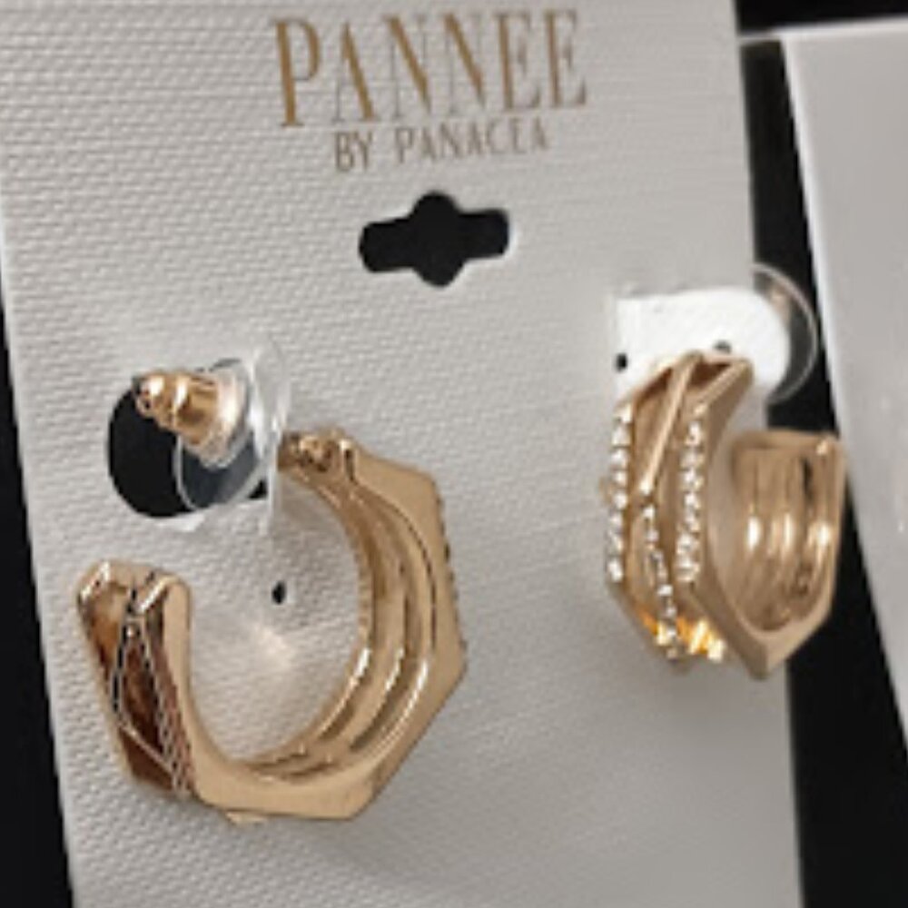 PANNEE By PANACEA Mod/Contemporary Gold Clear Crystal Cutout Hoop Earrings**NEW!
